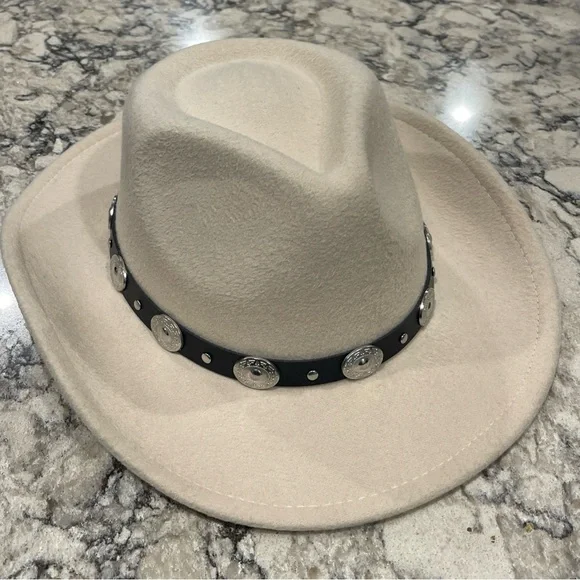 Ivory Western Hat with Silver Concho Band,Polyester Cotton blend, adjustable - Picture 2 of 14